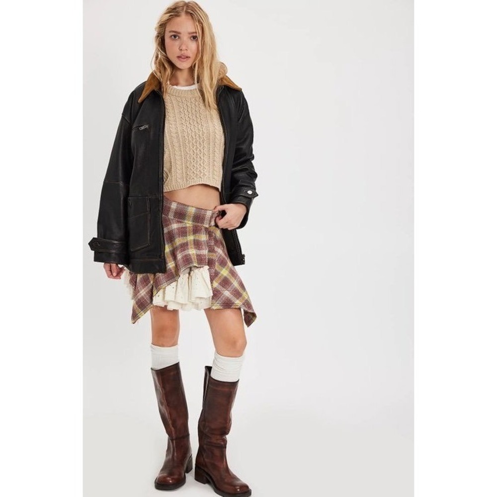 Free People Country Belle Plaid Mini Skirt Eyelet Ruffle Cottagecore NWT 4 / S - Picture 3 of 7
